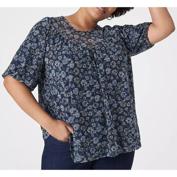 LANE BRYANT Puff Sleeve Crew Neck Mesh Blouse Women's Size 18/20 Navy Floral NWT - Picture 1 of 13